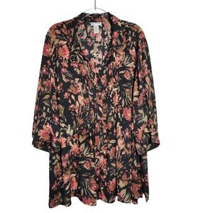 Catherines Womens Tunic Top Plus Size‎ 3X 26 28W Black Floral Pleated Button Up